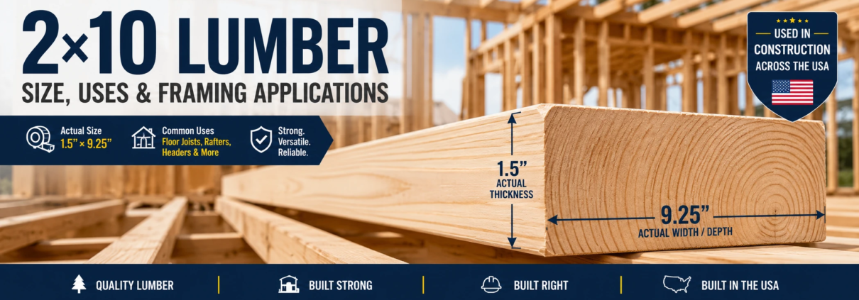 2x10 lumber showing 1.5 by 9.25 inch actual size, common uses and framing applications