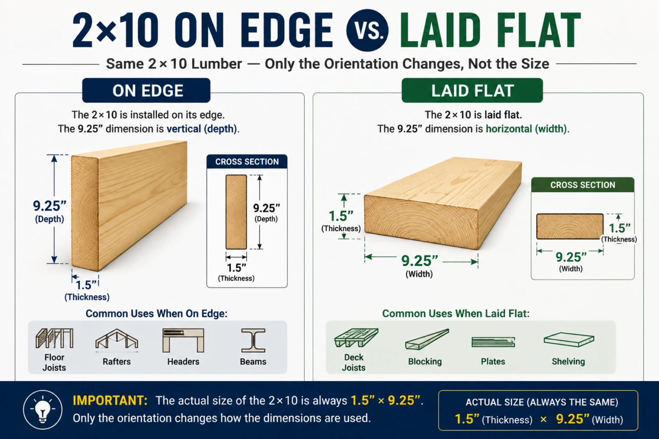 2x10 lumber on edge vs laid flat showing 1.5 by 9.25 inch actual dimensions and orientation difference