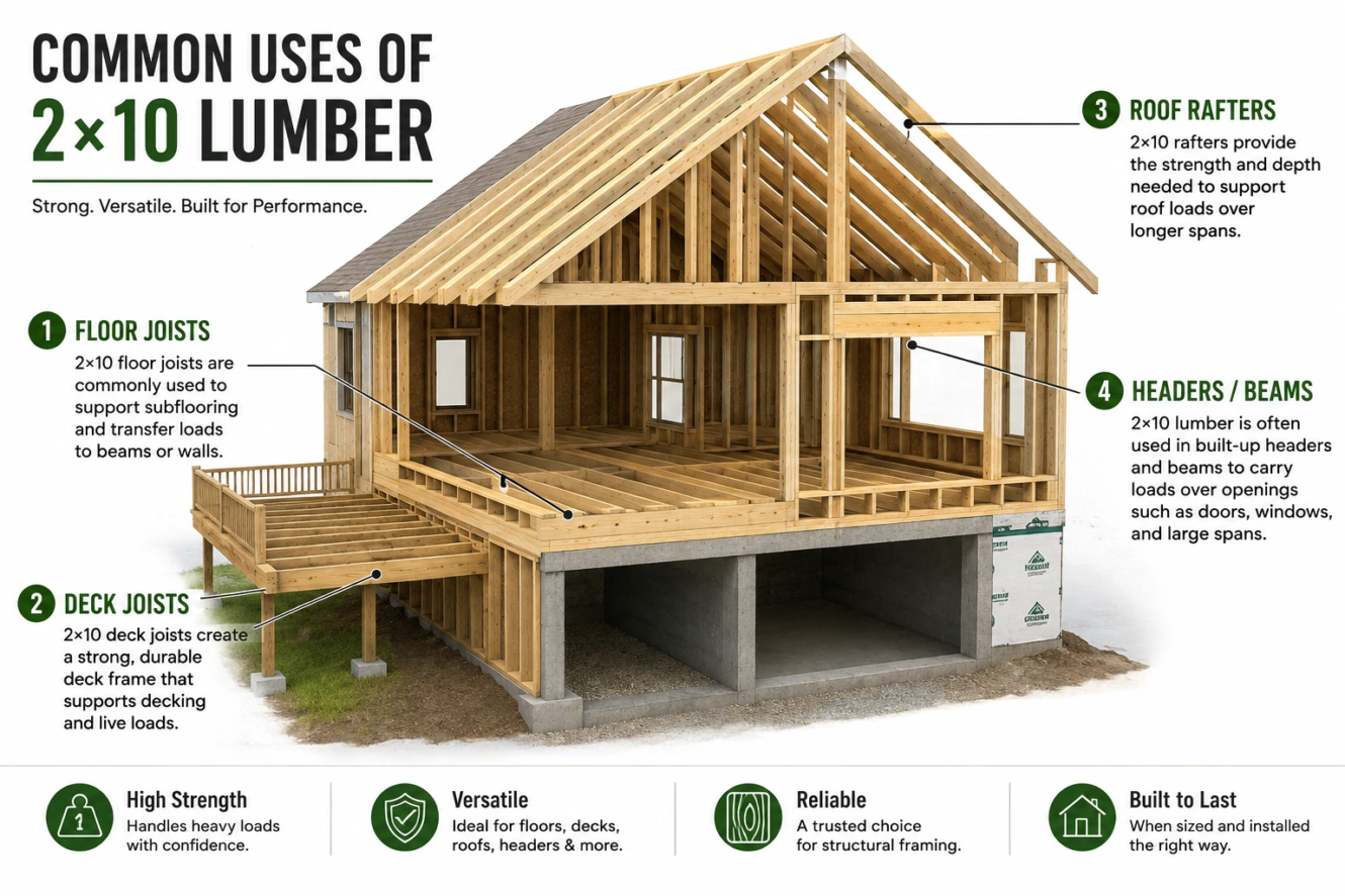 Common uses of 2x10 lumber showing floor joists, deck joists, roof rafters, headers and beams in wood-frame construction