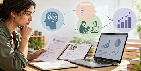 Researcher compares a survey, observation notes, and measured results to assess whether a study measure fits its concept.