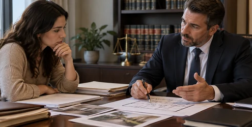 Person consults a defense attorney as they review case papers and a property floor plan.