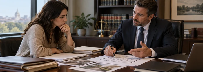 Person consults a defense attorney as they review case papers and a property floor plan.