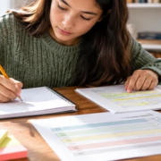 A student drafts a constructed response while checking highlighted source evidence and a scoring rubric.