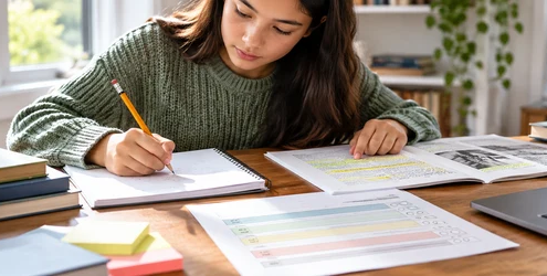 A student drafts a constructed response while checking highlighted source evidence and a scoring rubric.