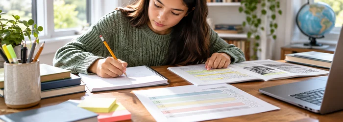 A student drafts a constructed response while checking highlighted source evidence and a scoring rubric.