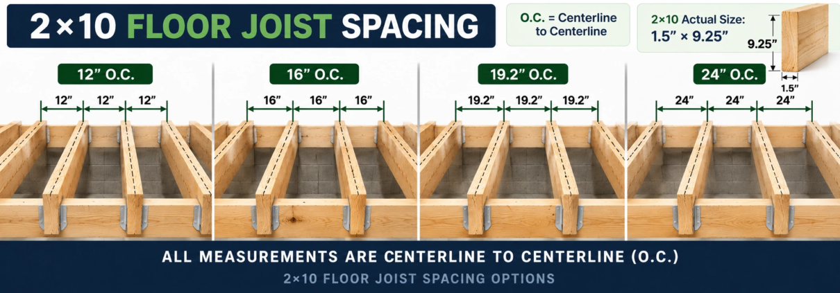 2x10 floor joist spacing showing 12, 16, 19.2 and 24 inch on-center layouts