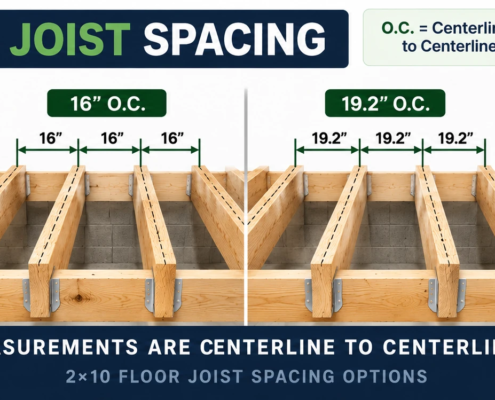 2x10 floor joist spacing showing 12, 16, 19.2 and 24 inch on-center layouts