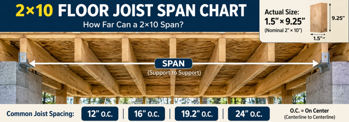 2x10 floor joist span chart showing 12, 16, 19.2 and 24 inch on-center spacing