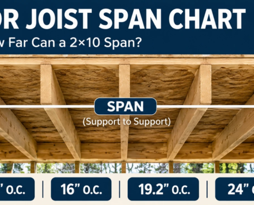 2x10 floor joist span chart showing 12, 16, 19.2 and 24 inch on-center spacing