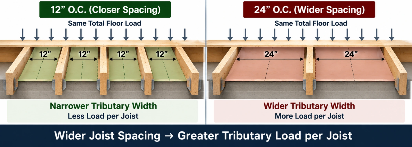 12 vs 24 inch 2x10 floor joist spacing showing how wider spacing increases tributary load per joist