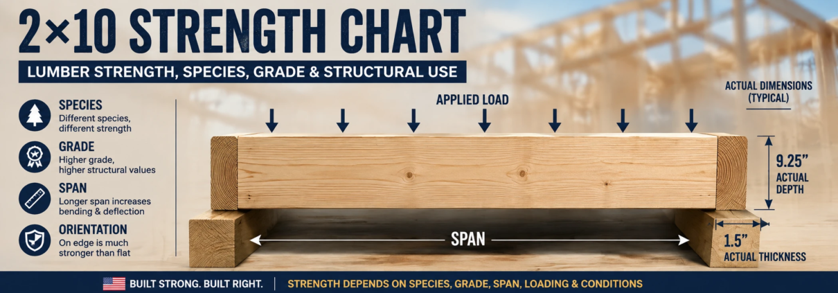 2x10 strength chart showing lumber dimensions, load direction and structural strength factors