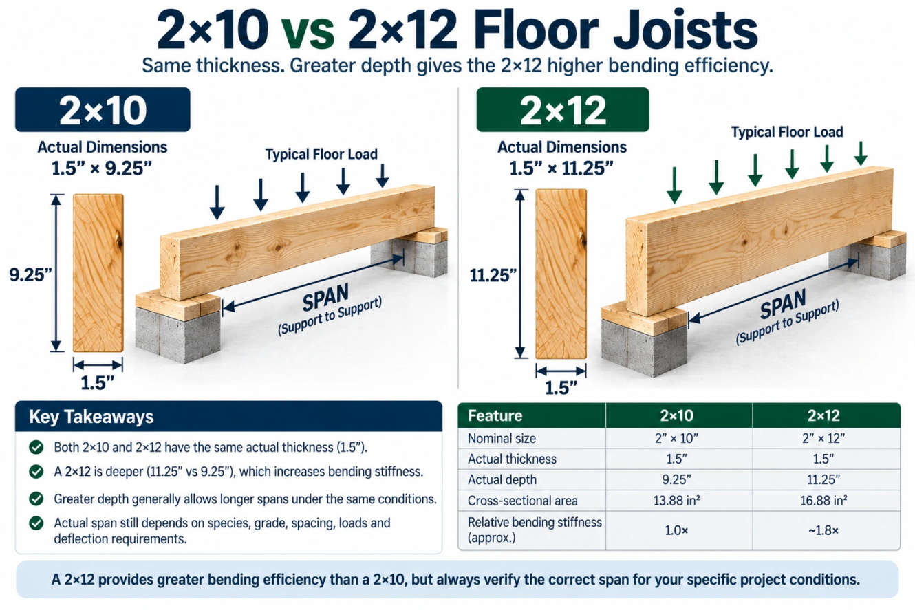 2x10 vs 2x12 floor joist size comparison