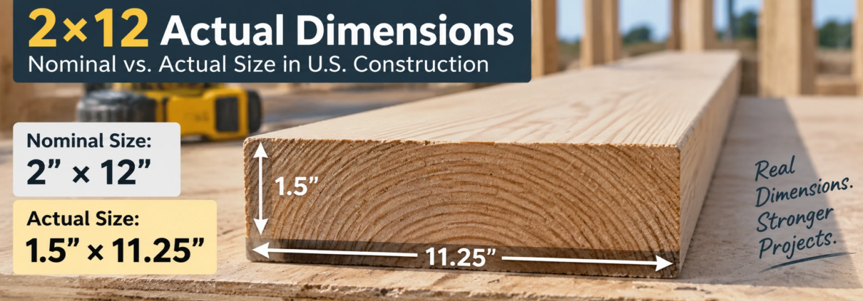 2x12 actual dimensions showing 1.5 inch by 11.25 inch lumber size