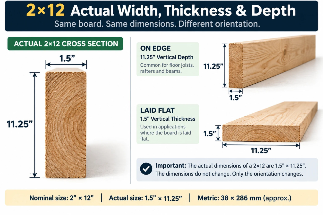 2x12 actual width thickness and depth dimensions