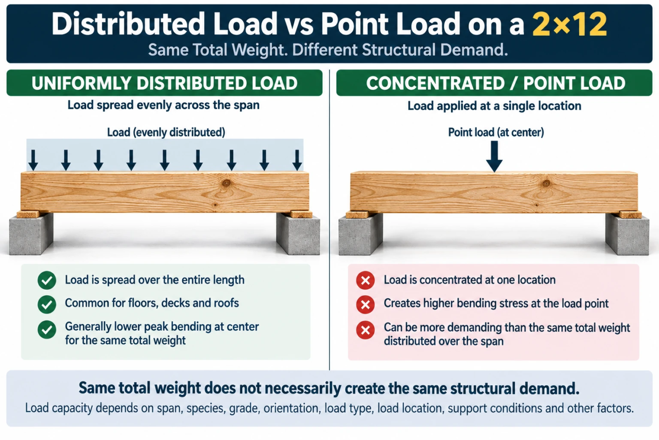 distributed load vs point load on 2x12 lumber