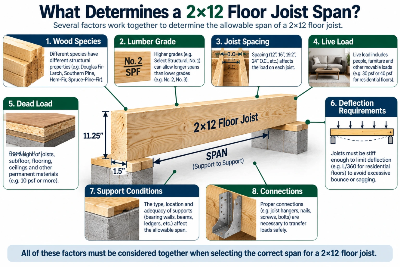 factors that determine 2x12 floor joist span