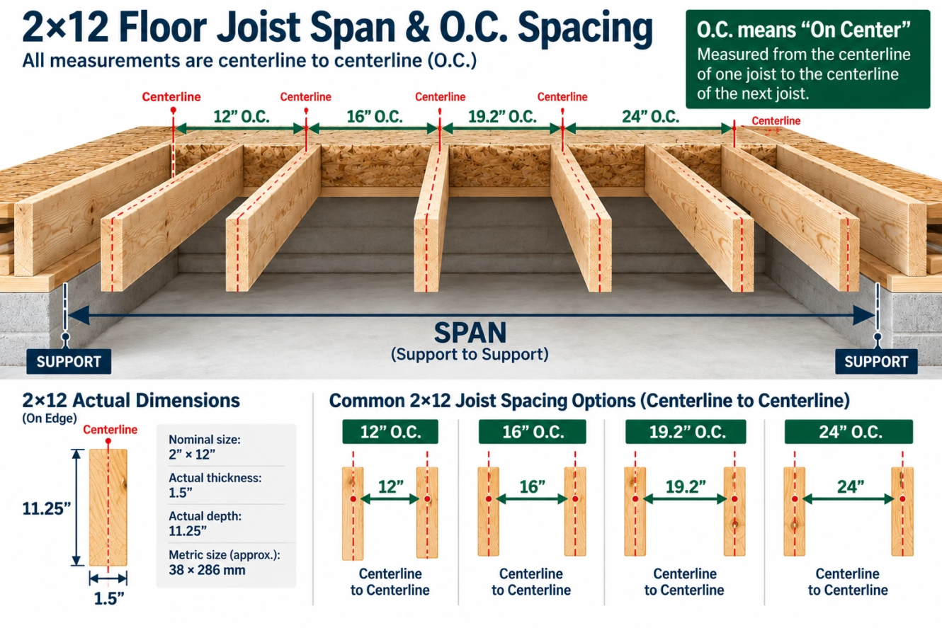 2x12 floor joist span and on center spacing diagram