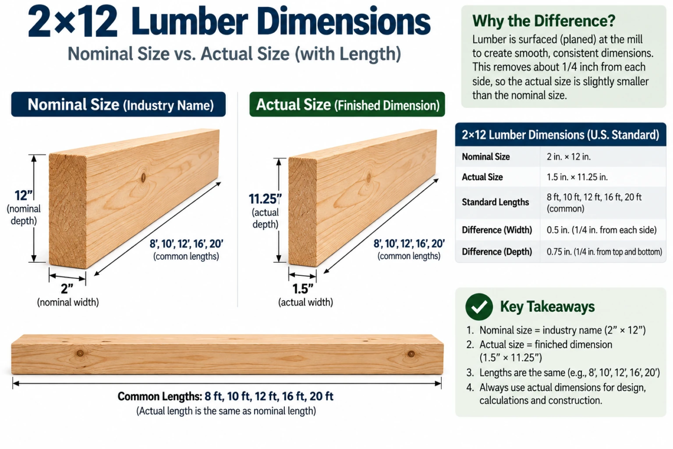 2×12 lumber nominal size compared with actual dimensions of 1.5 × 11.25 inches