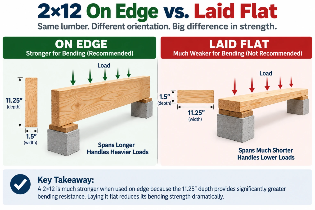 2×12 lumber on edge versus laid flat showing different cross-section orientations