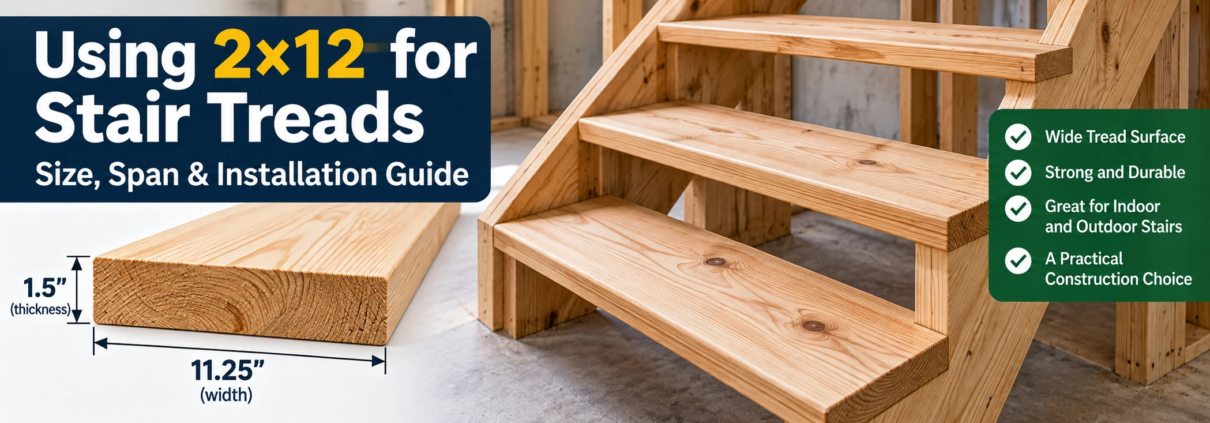 2×12 lumber used for stair treads showing 1.5-inch thickness and 11.25-inch width