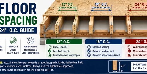 2x6 floor joist spacing showing 12, 16, and 24 inch on-center measurements