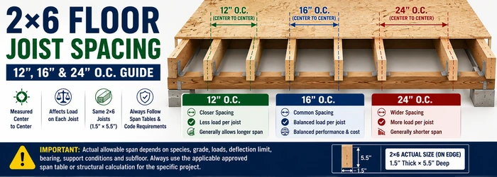 2x6 floor joist spacing showing 12, 16, and 24 inch on-center measurements