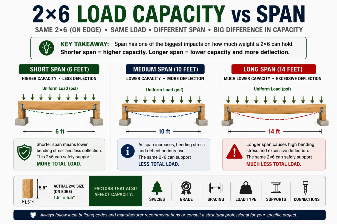 2x6 load capacity vs span showing 6, 10, and 14 foot spans with increasing deflection