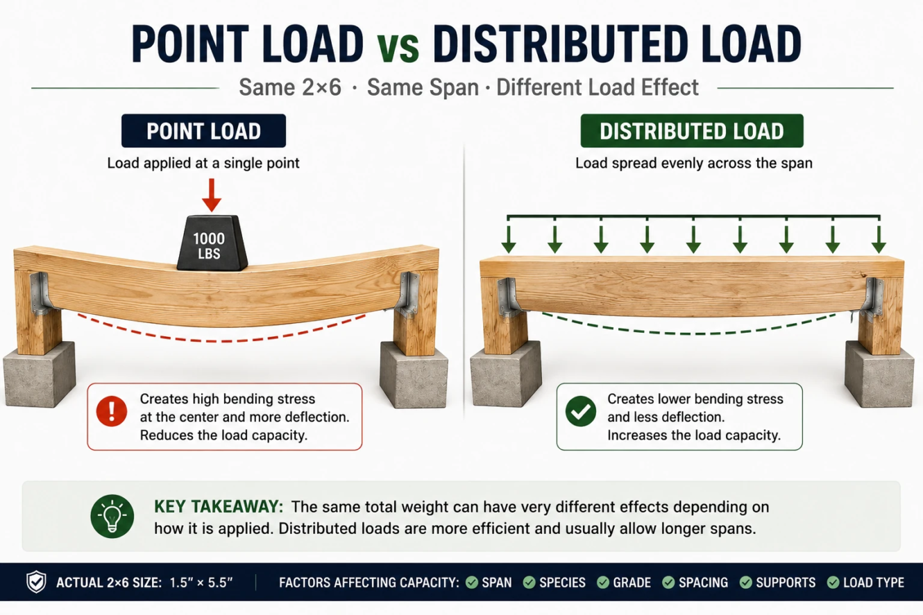2x6 point load vs distributed load showing how load distribution affects bending and deflection