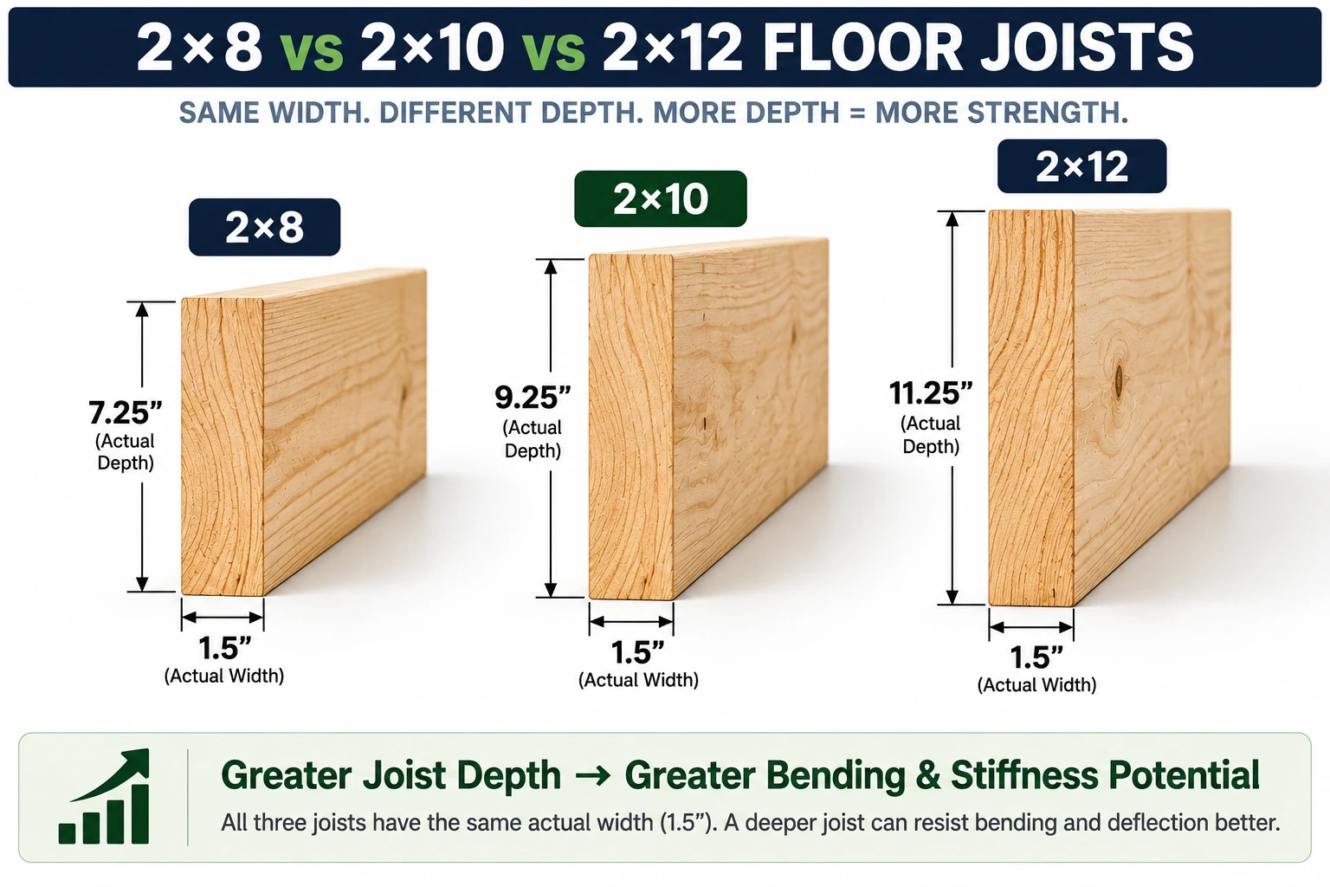 2x8 vs 2x10 vs 2x12 floor joists comparing actual depth for floor framing