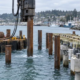 A barge-mounted pile driver sets foundation piles for a new harbor pier while marine construction workers in flotation gear monitor the work.