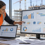 A project manager and cost controller compare project costs, purchasing, labor, and equipment data in a construction ERP dashboard.