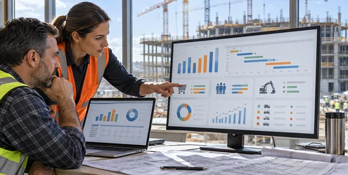 A project manager and cost controller compare project costs, purchasing, labor, and equipment data in a construction ERP dashboard.