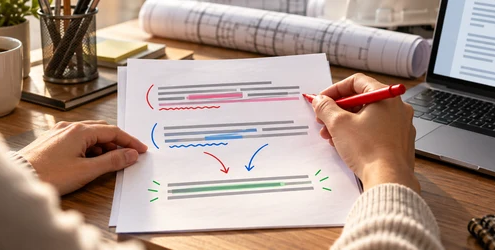 An editor uses proofreader marks to combine incompatible sentence patterns into one clear revised line.