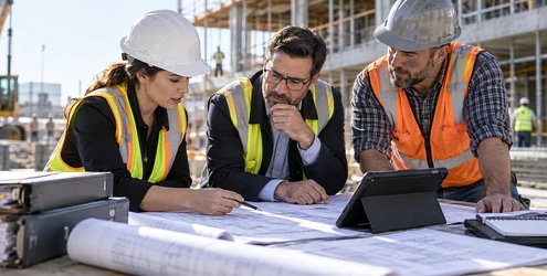 Construction team reviewing submittals, project records and plans during site administration