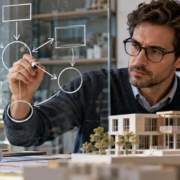 Researcher mapping a theoretical model beside a construction scale model