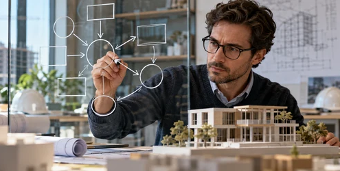 Researcher mapping a theoretical model beside a construction scale model