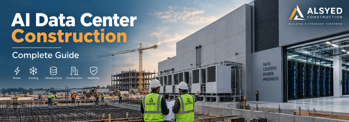 AI data center construction site with server racks, cooling systems, electrical infrastructure, and construction workers