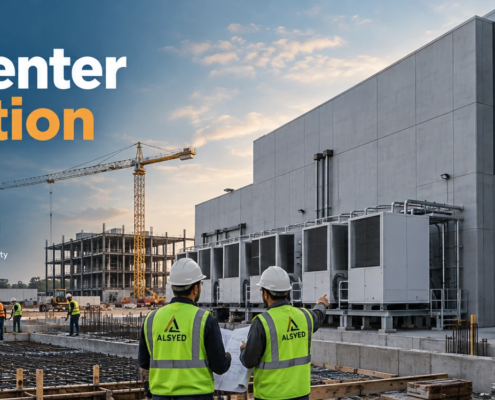 AI data center construction site with server racks, cooling systems, electrical infrastructure, and construction workers