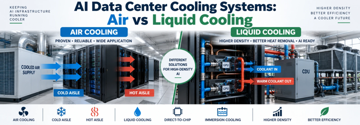 AI data center cooling systems comparing air cooling and liquid cooling for high-density server racks