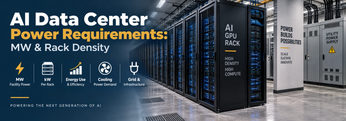 AI data center power requirements showing MW capacity, rack density, energy use, cooling, and grid infrastructure
