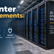 AI data center power requirements showing MW capacity, rack density, energy use, cooling, and grid infrastructure
