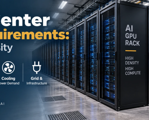 AI data center power requirements showing MW capacity, rack density, energy use, cooling, and grid infrastructure