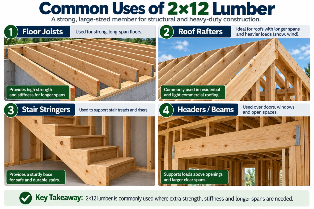 Common uses of 2×12 lumber for floor joists, roof rafters, stair stringers, and headers