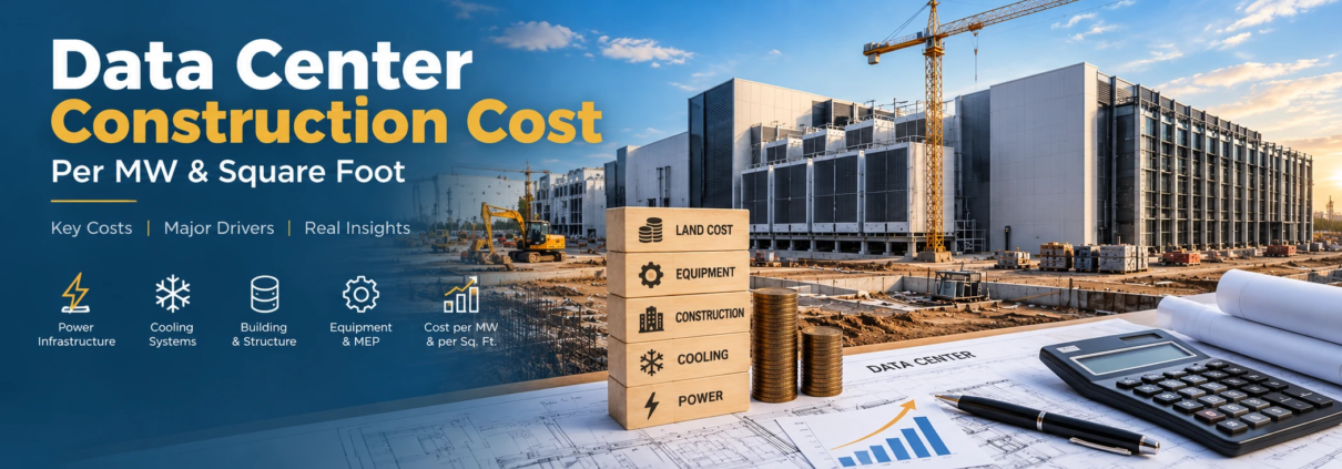 Data center construction cost per MW and square foot with power, cooling, equipment, and building cost factors