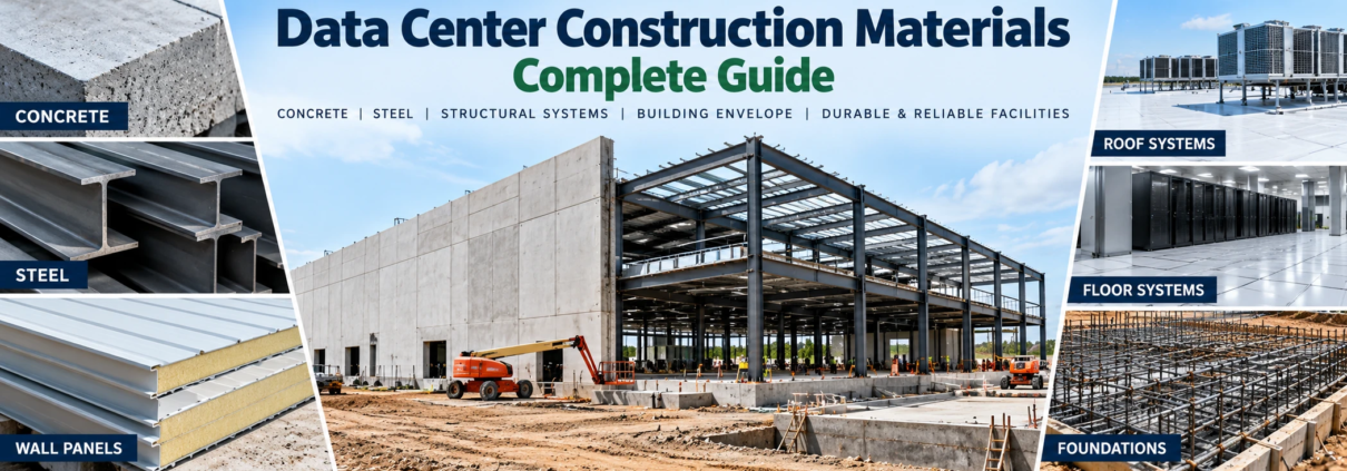 Data center construction materials showing concrete, structural steel, wall panels, roof systems, floors, and foundations