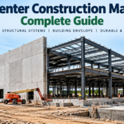 Data center construction materials showing concrete, structural steel, wall panels, roof systems, floors, and foundations