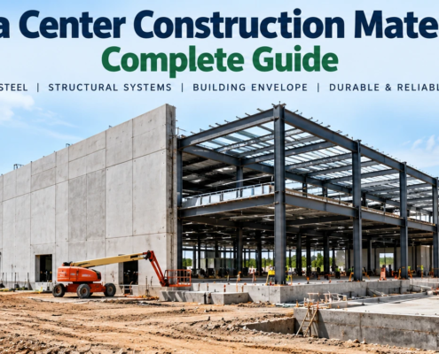 Data center construction materials showing concrete, structural steel, wall panels, roof systems, floors, and foundations