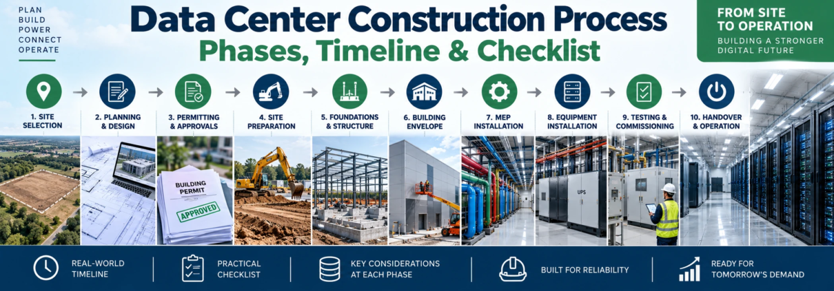Data center construction process showing site selection, planning, foundations, MEP installation, commissioning, and handover