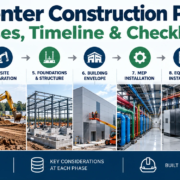 Data center construction process showing site selection, planning, foundations, MEP installation, commissioning, and handover