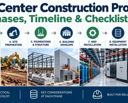 Data center construction process showing site selection, planning, foundations, MEP installation, commissioning, and handover